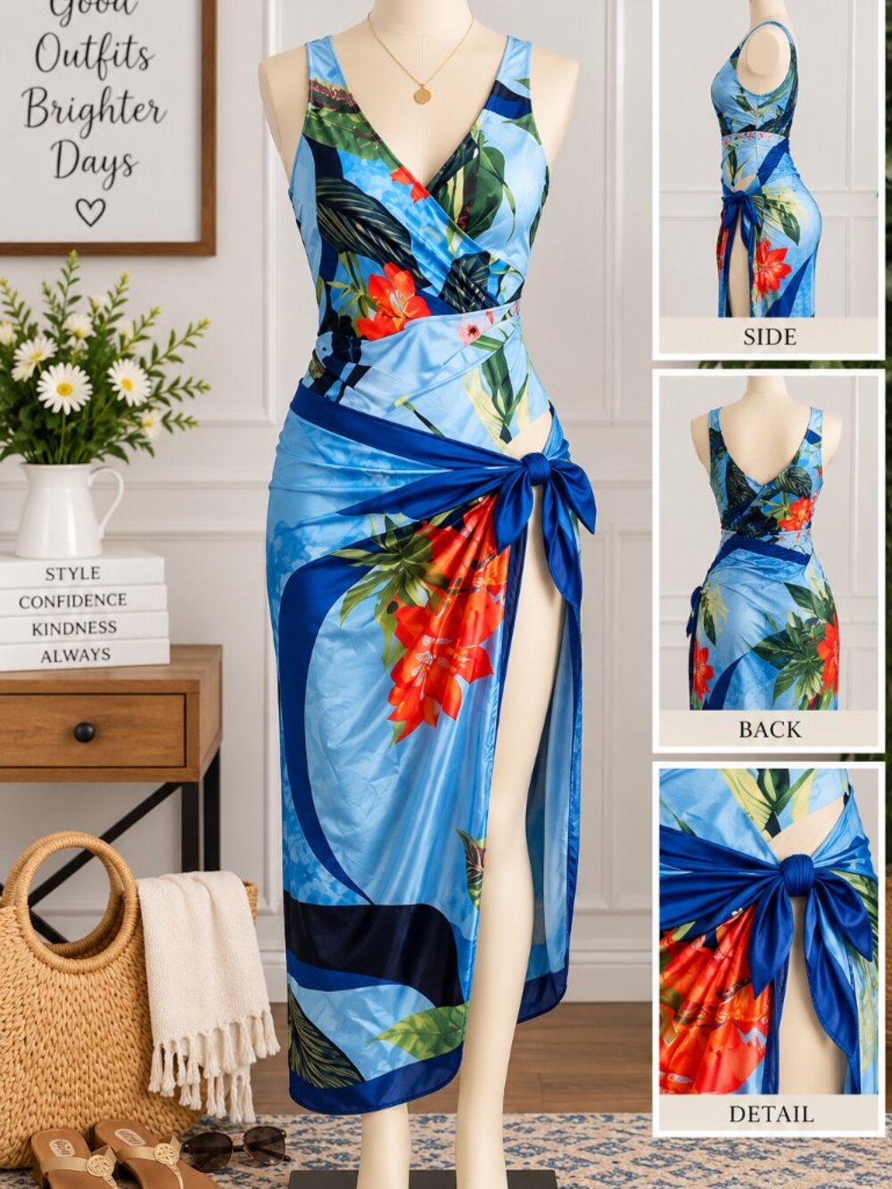 🌺 Tropical Print One-Piece Swimsuit with Matching Sarong – Size Medium 🌺